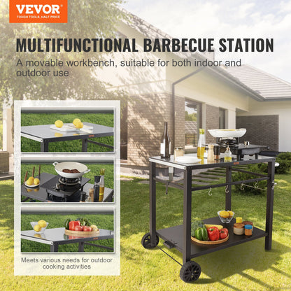 VEVOR Outdoor Grill Dining Cart with Double-Shelf,  85*55cm BBQ Movable Food Prep Table, Multifunctional Iron Table Top, Portable Modular Carts for Pizza Oven, Worktable with 2 Wheels, Carry Handle, Black