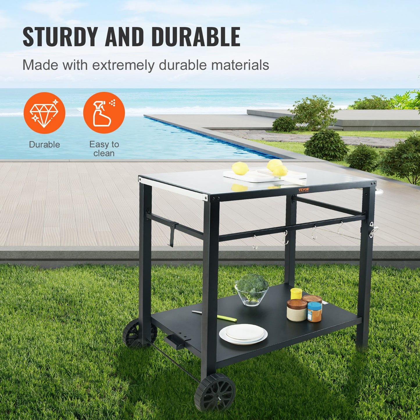 VEVOR Outdoor Grill Dining Cart with Double-Shelf,  85*55cm BBQ Movable Food Prep Table, Multifunctional Iron Table Top, Portable Modular Carts for Pizza Oven, Worktable with 2 Wheels, Carry Handle, Black