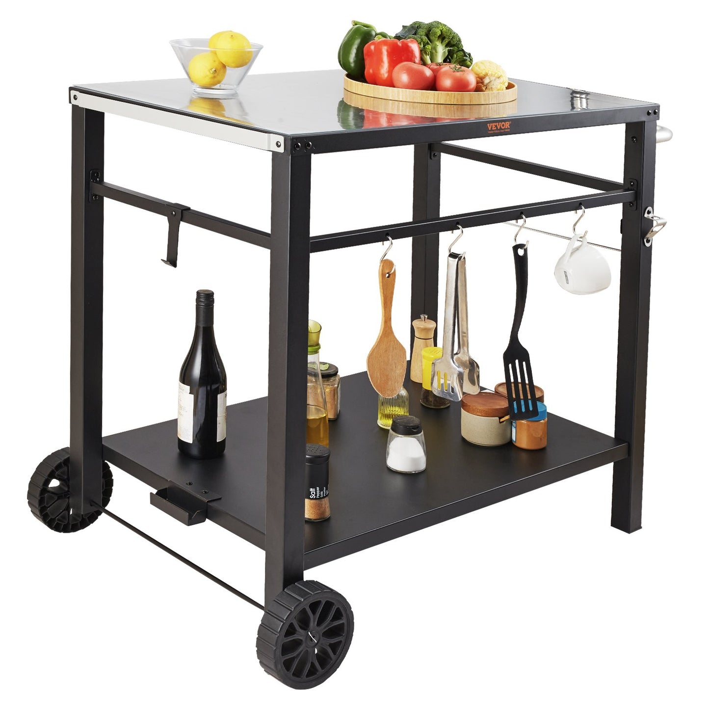 VEVOR Outdoor Grill Dining Cart with Double-Shelf,  85*55cm BBQ Movable Food Prep Table, Multifunctional Iron Table Top, Portable Modular Carts for Pizza Oven, Worktable with 2 Wheels, Carry Handle, Black