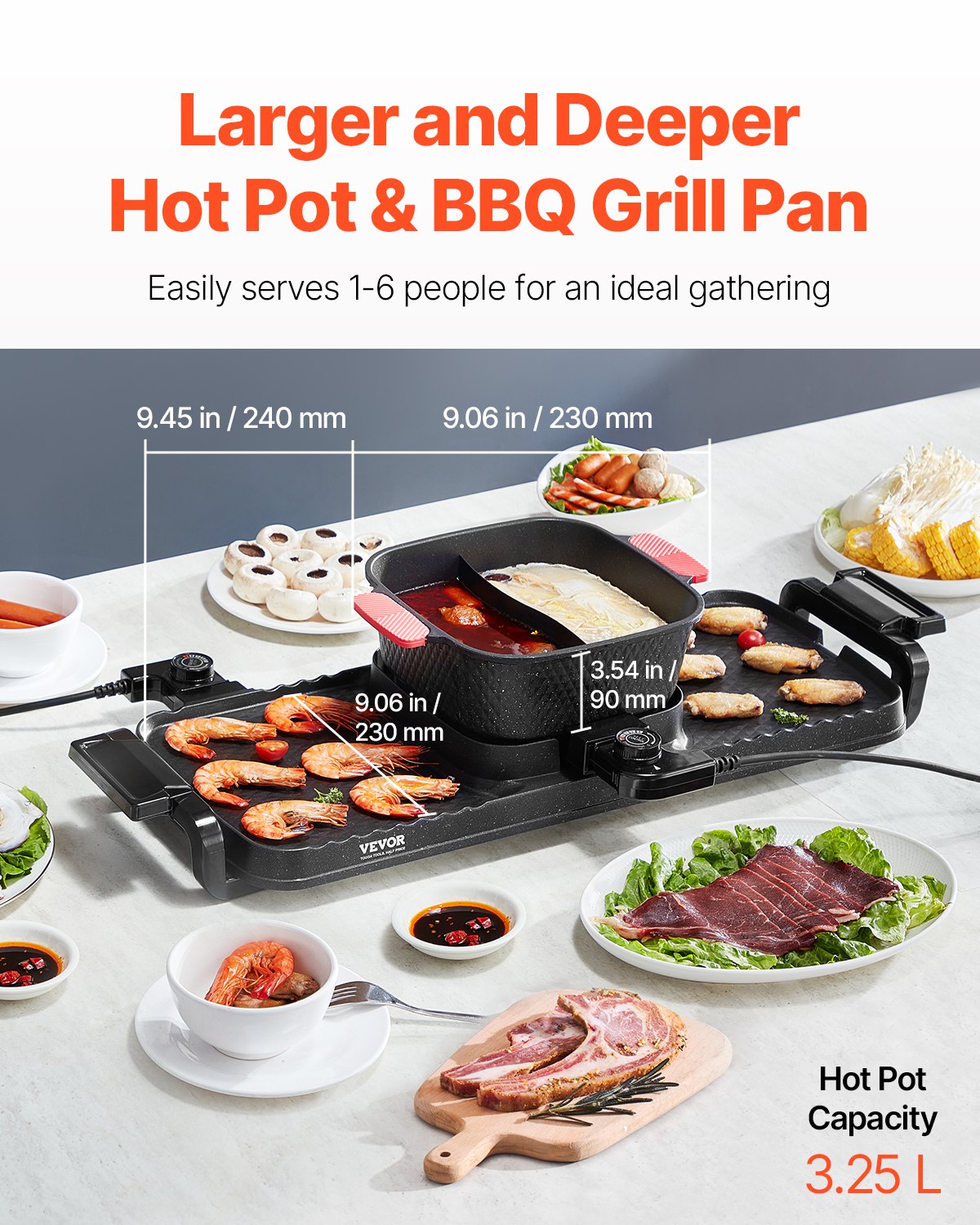 VEVOR Hot Pot with Grill 2300W 2-in-1 Electric Smokeless BBQ with Removable Pot