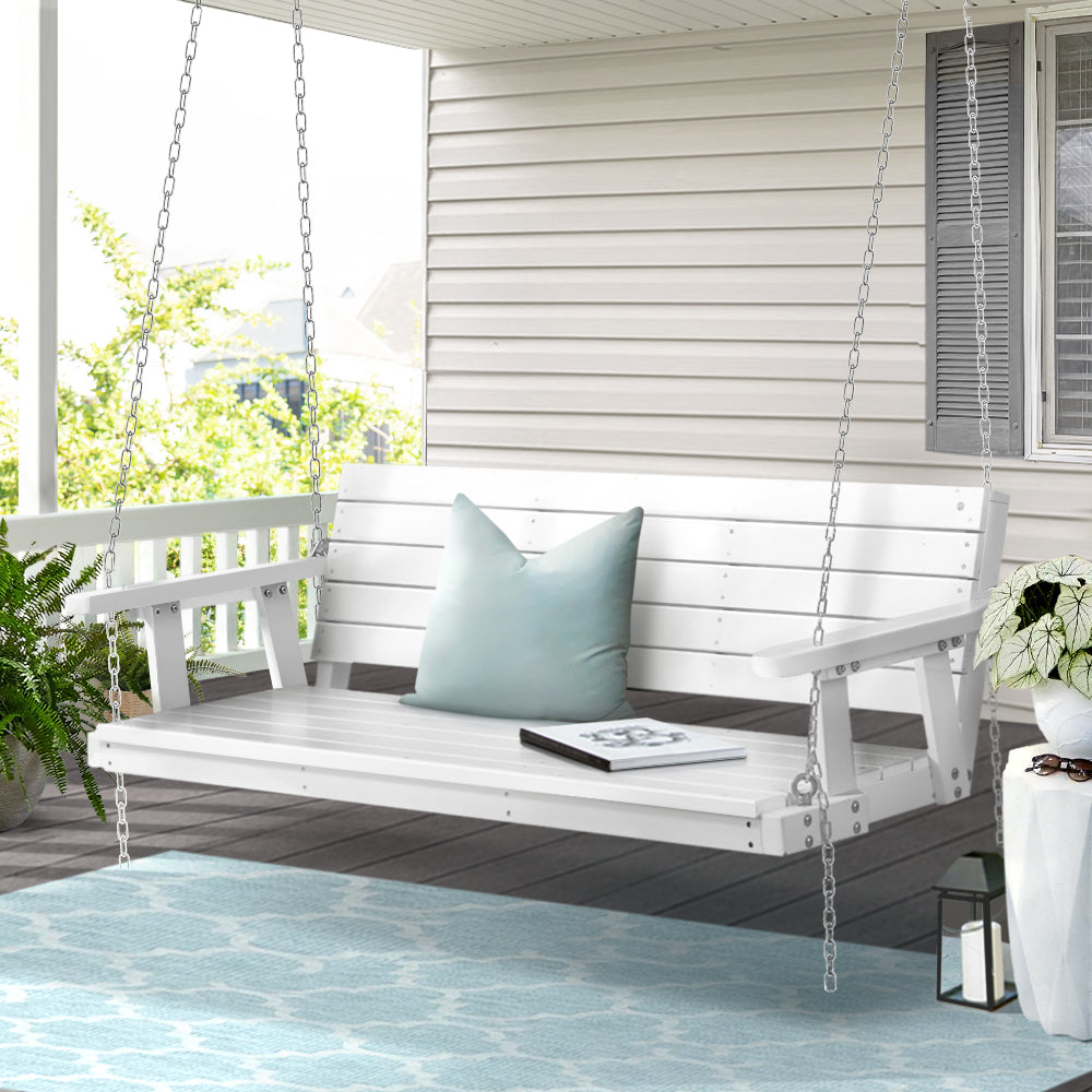 Gardeon 3-Seater Porch Swing Chair – White Wooden Outdoor Bench with Hanging Chain