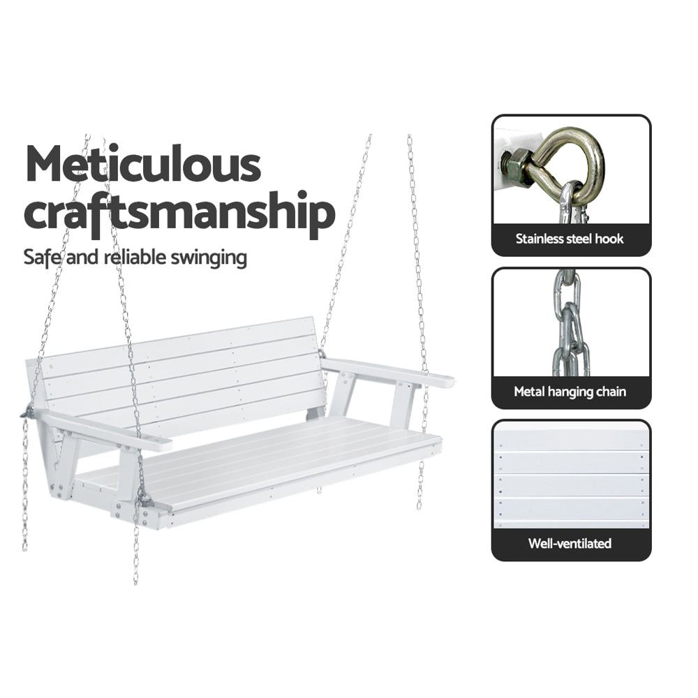 Gardeon 3-Seater Porch Swing Chair – White Wooden Outdoor Bench with Hanging Chain